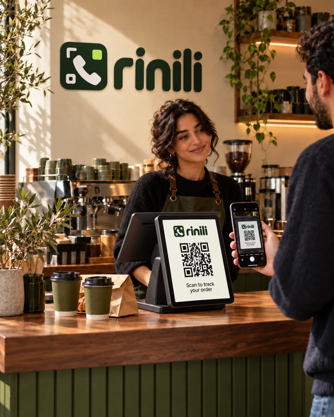 Customer using an iPhone to scan a QR code on the customer-facing POS display at a Rinili café counter